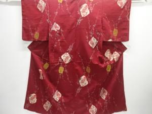 大正ロマン　破れ色紙に折鶴・枝花模様織り出しお召着物